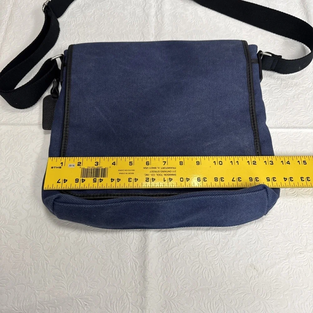 Levenger Messenger Bag Navy Blue‎ Canvas Leather Trim Adjustable Strap
